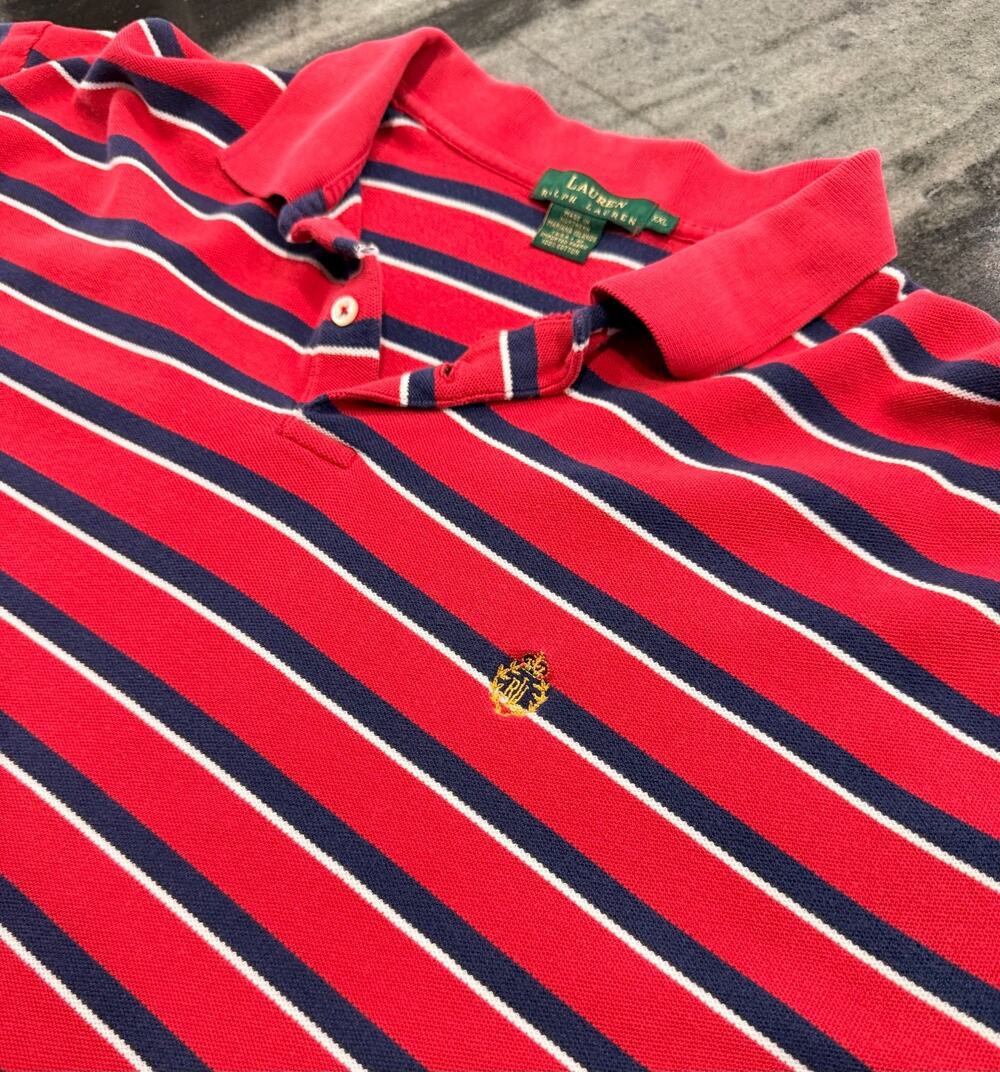 Vintage Lauren Ralph Lauren Mens XXL Crest Striped Polo Shirt Distressed Cotton